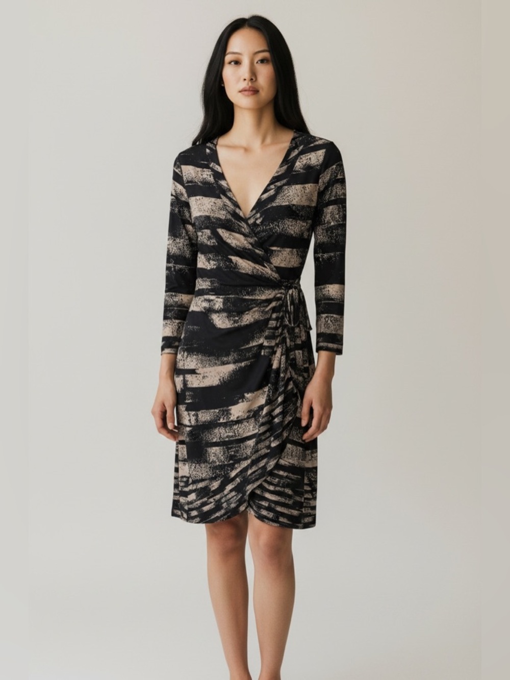 BCBGMaxAzria Black and Beige Abstract Wrap Midi Dress